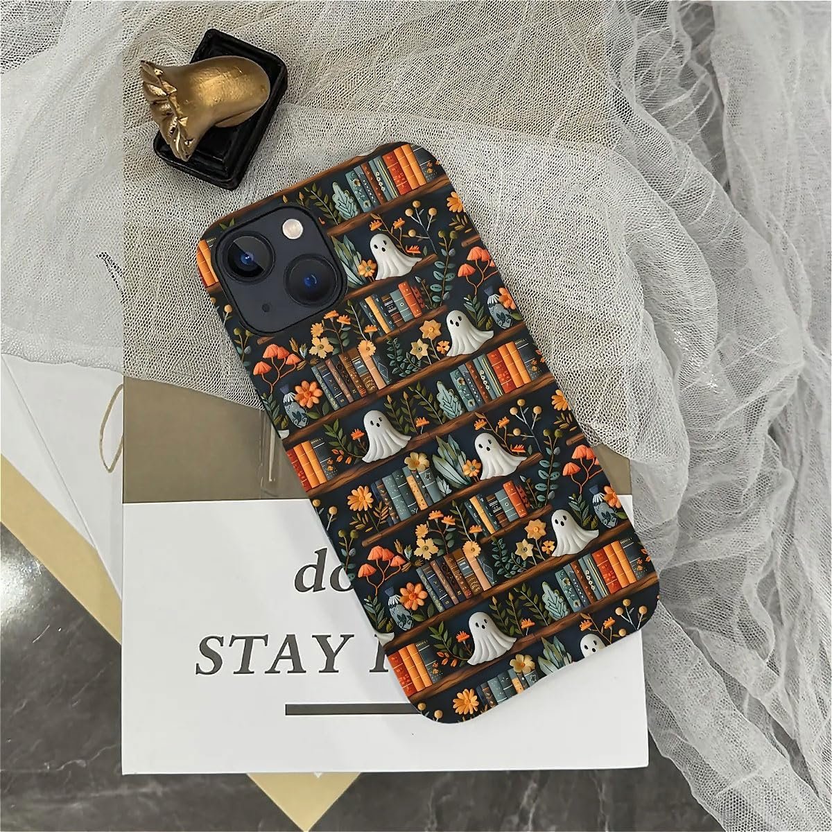 Compatible with for iPhone 15,Spooky Ghosts On Bookshelf Halloween Phone Case for iPhone 15,Scratch Resistant Hybrid 2-Layer Hard Shell Bright Phone Case
