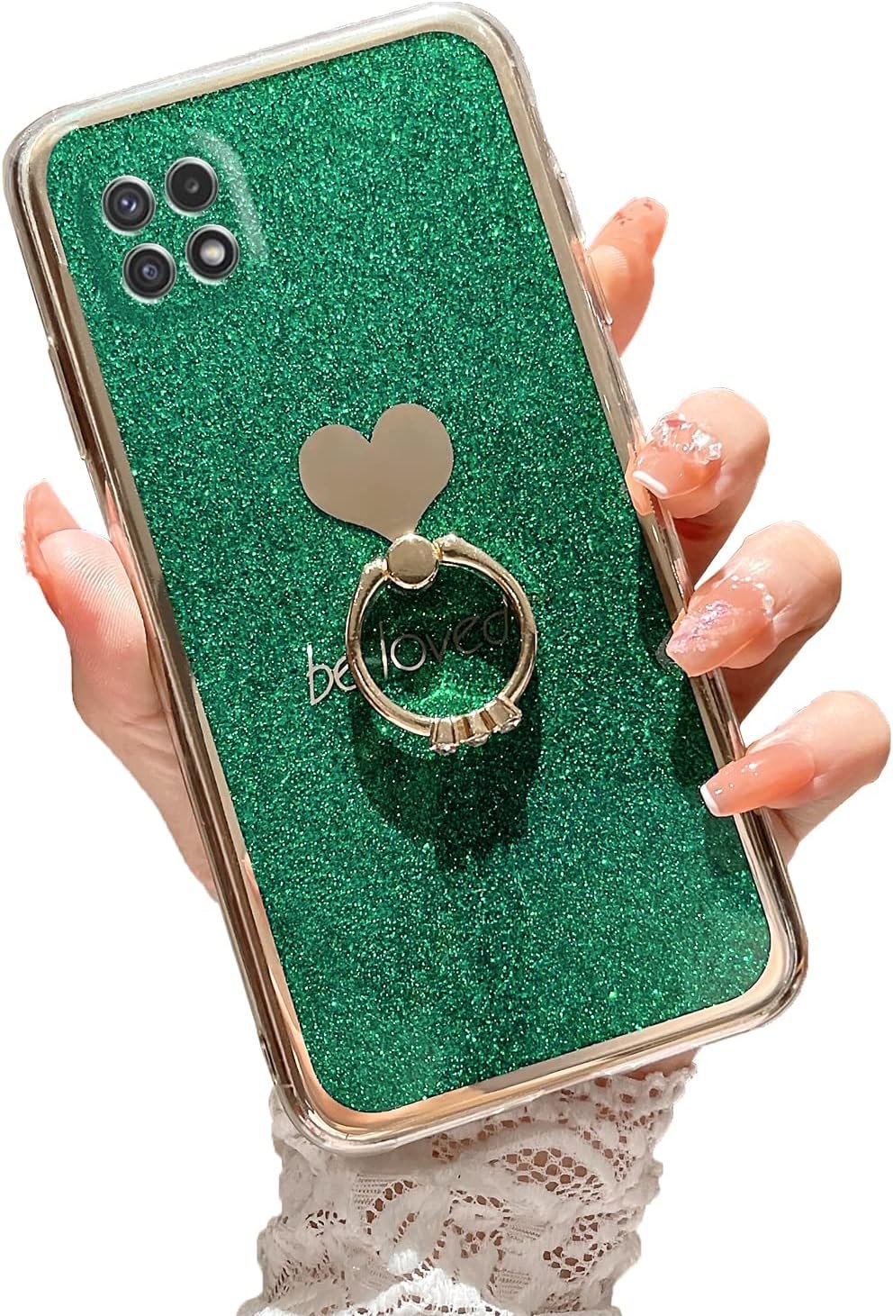 for Boost Mobile 5G 2021 Case (Not 5G Plus) Girls Women Cute Luxury Glitter Shell with Heart Ring Stand Slim Soft Shockproof Protective Cover for Samsung Galaxy A22 5G - Pink