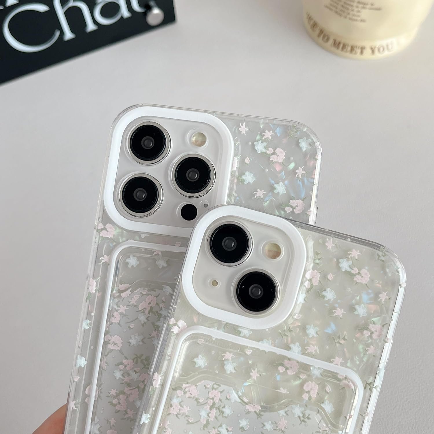 Cute Flowers Shell Pattern Wallet Card Slot Soft Phone Case Compatible with iPhone Case (Clear,iPhone 15 Plus)