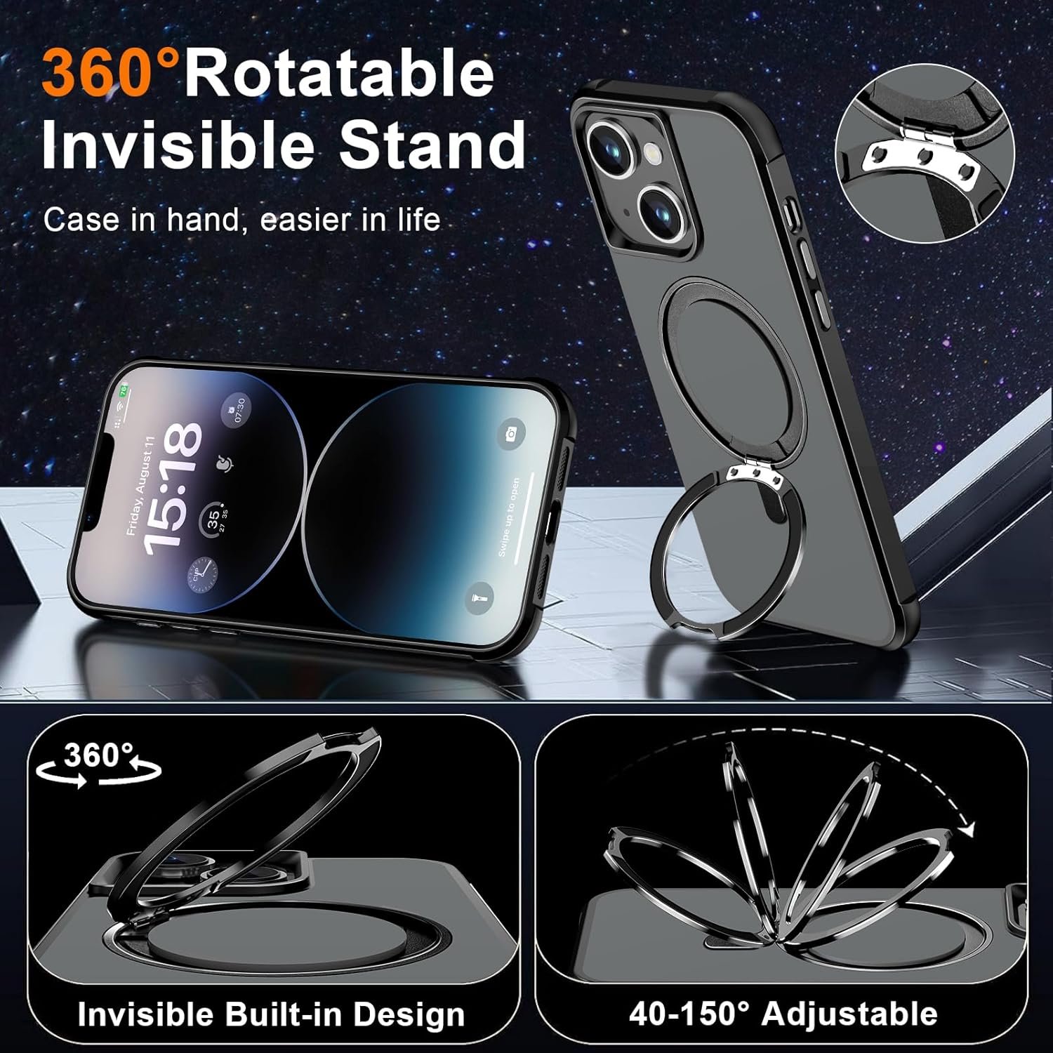 Magnetic for iPhone 13 case/iPhone 14 Case 【Compatible with Magsafe】 with 360°Rotatable Invisible Ring Stand【Military Grade Shockproof】 Matte Back Soft Edge Phone Cover 6.1", Black