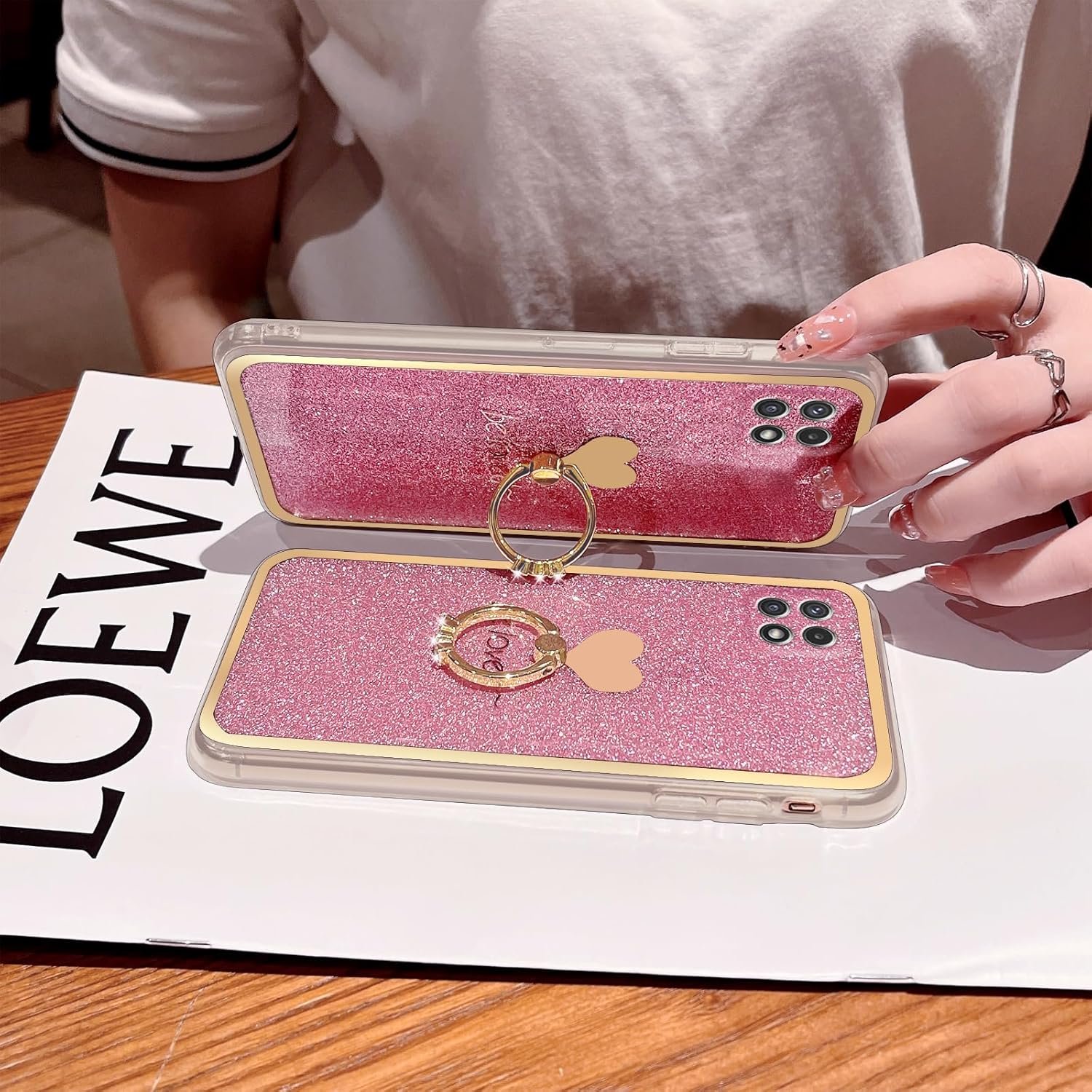 for Boost Mobile 5G 2021 Case (Not 5G Plus) Girls Women Cute Luxury Glitter Shell with Heart Ring Stand Slim Soft Shockproof Protective Cover for Samsung Galaxy A22 5G - Pink