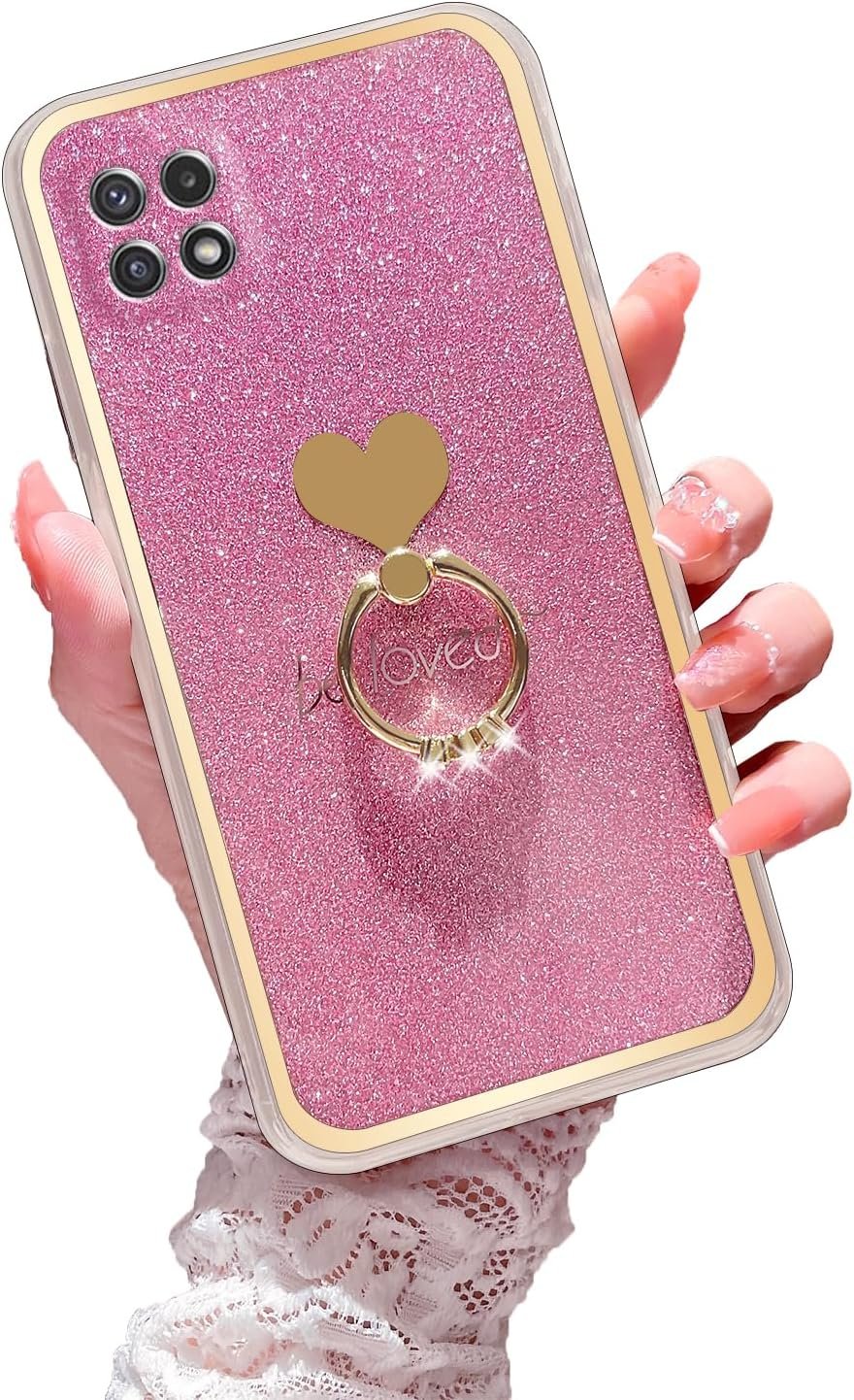 for Boost Mobile 5G 2021 Case (Not 5G Plus) Girls Women Cute Luxury Glitter Shell with Heart Ring Stand Slim Soft Shockproof Protective Cover for Samsung Galaxy A22 5G - Pink