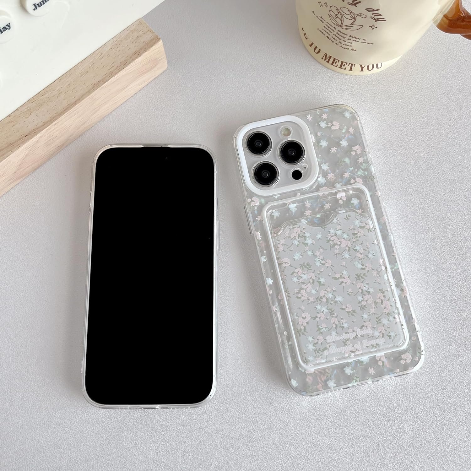 Cute Flowers Shell Pattern Wallet Card Slot Soft Phone Case Compatible with iPhone Case (Clear,iPhone 15 Plus)