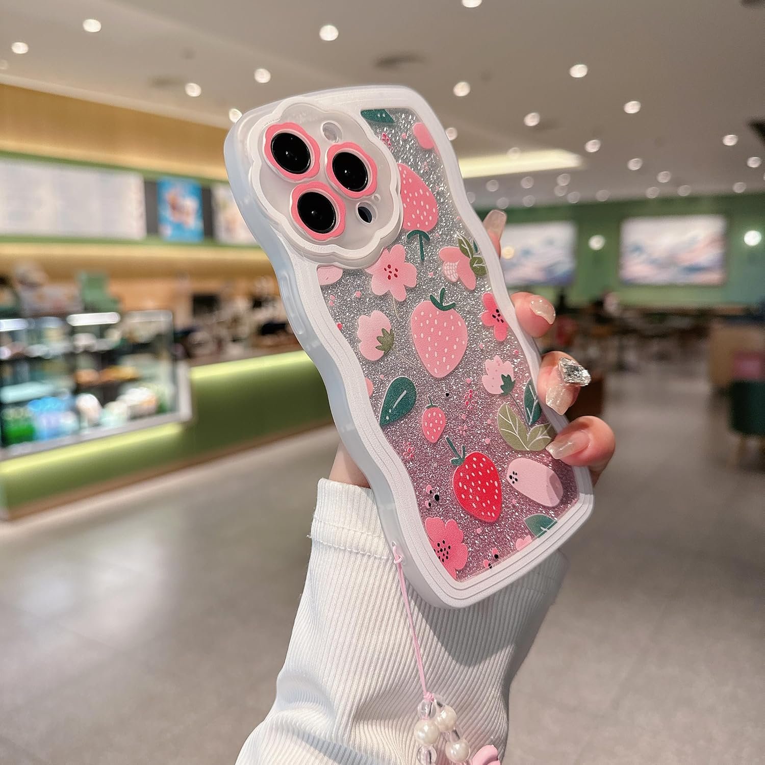 Compatible with iPhone 15plus case, cute wavy edge shell, kawaii strawberry, floral pattern with cute bracelet, made of soft, eco-friendly and durable TPU material, suitable for women and girls